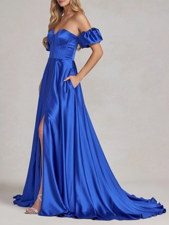 Royal Blue A-Line Off-the-Shoulder Off Shoulder Long Formal Prom Dress