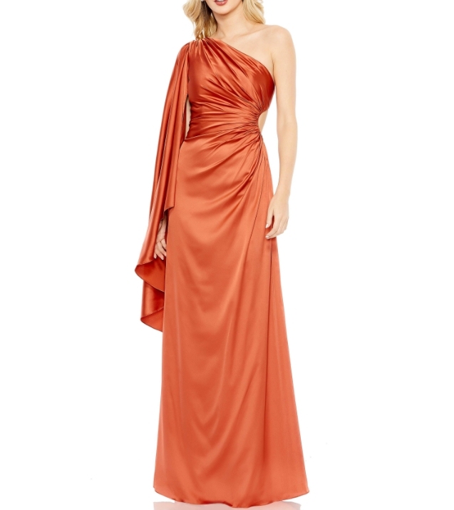 Rust One Sholder Waist Fold Long Formal Prom Dress