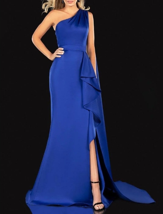 Royal Blue One Shedder With Attached Train Front Split Prom Dress