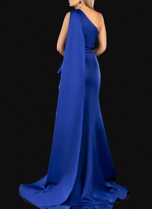 Royal Blue One Shedder With Attached Train Front Split Formal Prom Dress