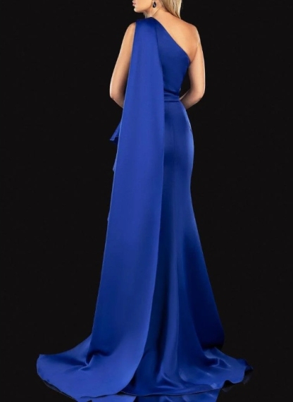 Royal Blue One Shedder With Attached Train Front Split Formal Prom Dress