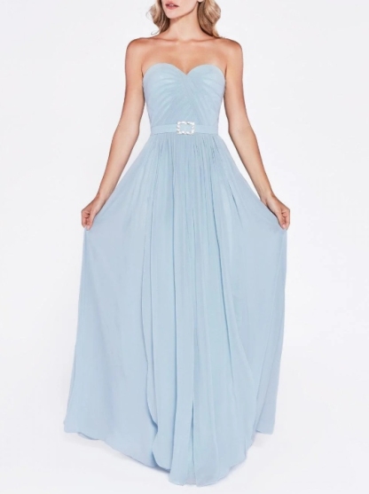 Sky Blue A-Line Off the Shoulder Long Prom Dress with Decorative Waist