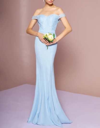 Baby Blue A-Line Off the Shoulder Long Prom Dress with Floral Tail Style on Upper Body