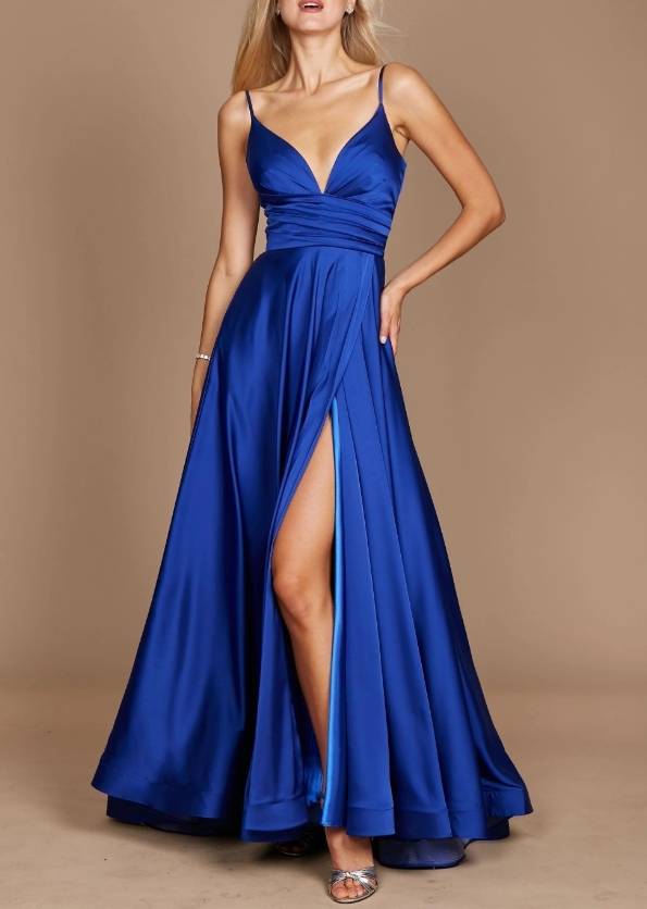 Royal Spaghetti Strap pleated long front slit Prom Dress