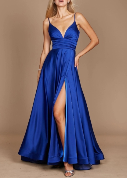 Royal Spaghetti Strap pleated long front slit Prom Dress