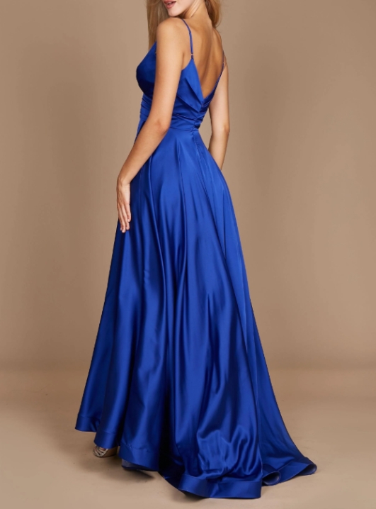 Royal Spaghetti Strap pleated long front slit Prom Dress