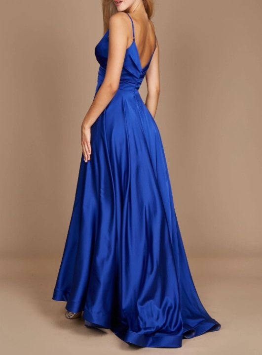 Royal Spaghetti Strap pleated long front slit Prom Dress