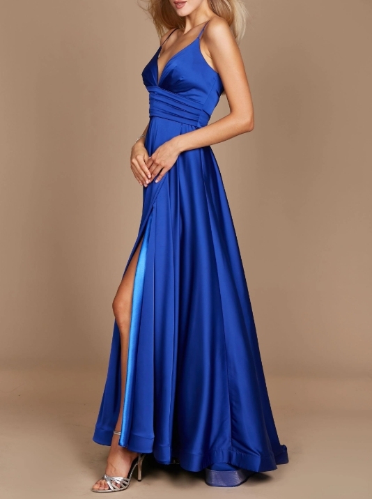 Royal Spaghetti Strap pleated long front slit Prom Dress