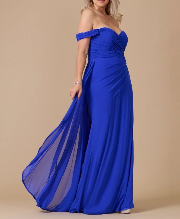 Royal A-Line Off the Shoulder Folded Floor Length Formal Prom Dress