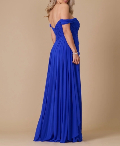 Royal A-Line Off the Shoulder Folded Floor Length Formal Prom Dress