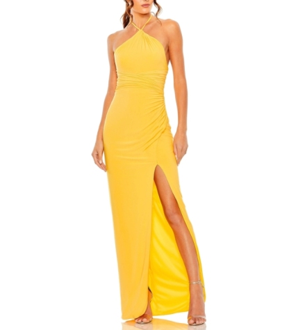 Marigold Halter Backless Long Front Split Prom Dress