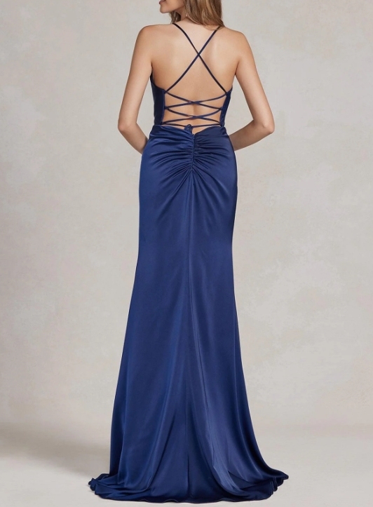 Navy Blue Spaghetti Strap Long Front Slit Formal Ball Gown