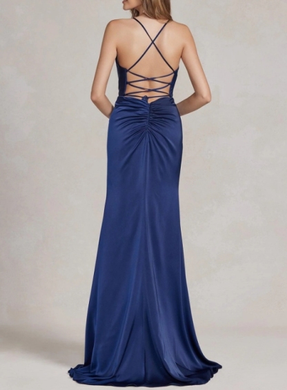 Navy Blue Spaghetti Strap Long Front Slit Formal Ball Gown