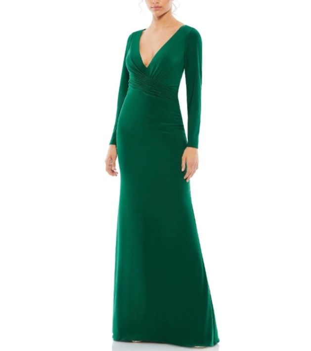 Emerald Green Plunge V Long Sleeved Suede Formal Prom Dress