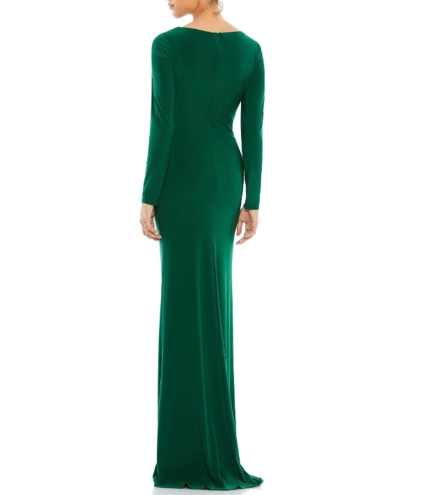Emerald Green Plunge V Long Sleeved Suede Formal Prom Dress