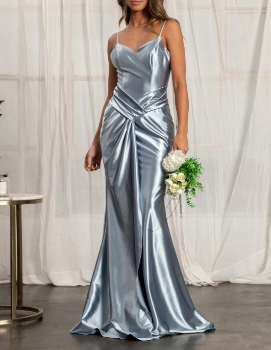 Smoky Blue Spaghetti Strap Tail Style With Attached Train Prom Dress