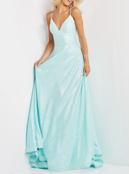 Aqua Spaghetti Strap V-neck Long Floor Mopping Formal Ball Gown