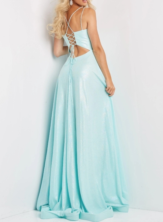 Aqua Spaghetti Strap V-neck Long Floor Mopping Formal Ball Gown