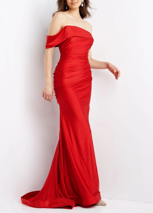 Red A-Line Off the Shoulder Tail Style with Tailed Long Prom Dress