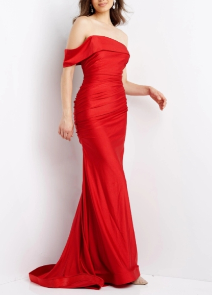Red A-Line Off the Shoulder Tail Style with Tailed Long Prom Dress