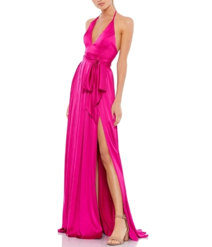 Magenta Halter Plume V With Decorative Front Slit Long Formal Ballroom Dress