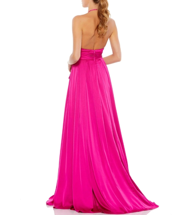 Magenta Halter Plume V With Decorative Front Slit Long Formal Ballroom Dress