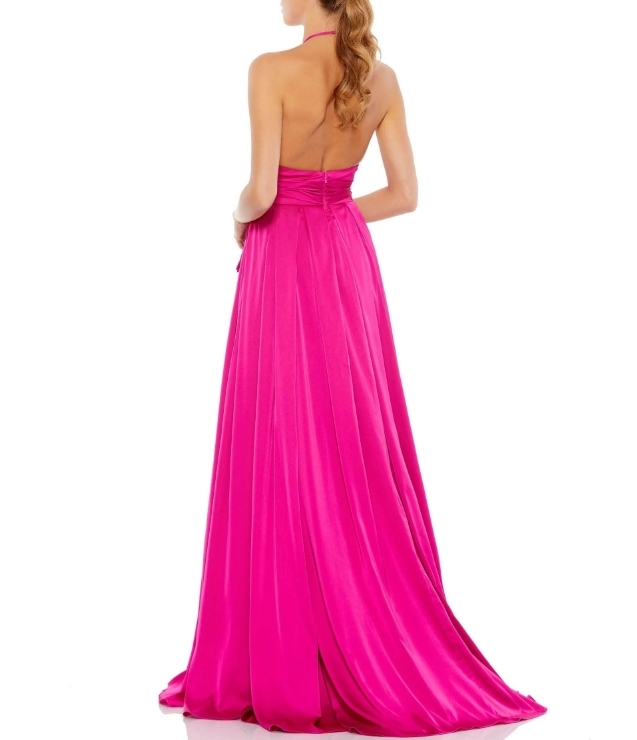 Magenta Halter Plume V With Decorative Front Slit Long Formal Ballroom Dress