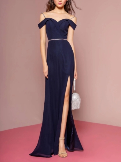 Simple Navy Spaghetti Strap Long Front Split Prom Dress
