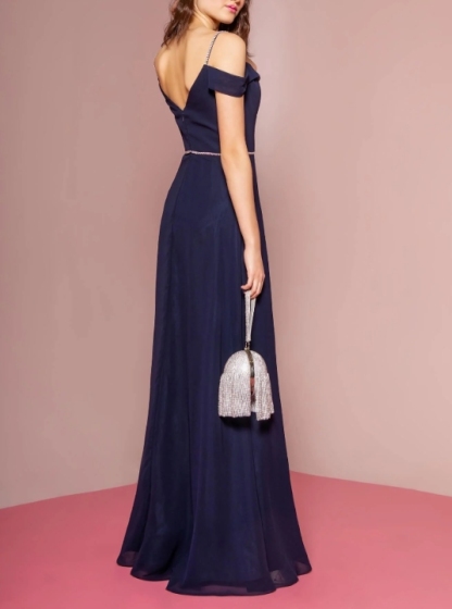 Simple Navy Spaghetti Strap Long Front Split Prom Dress