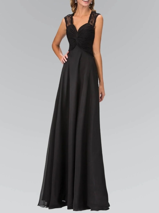 Black Sleeveless Shoulder Lace Style Long Pleated Ball Gown