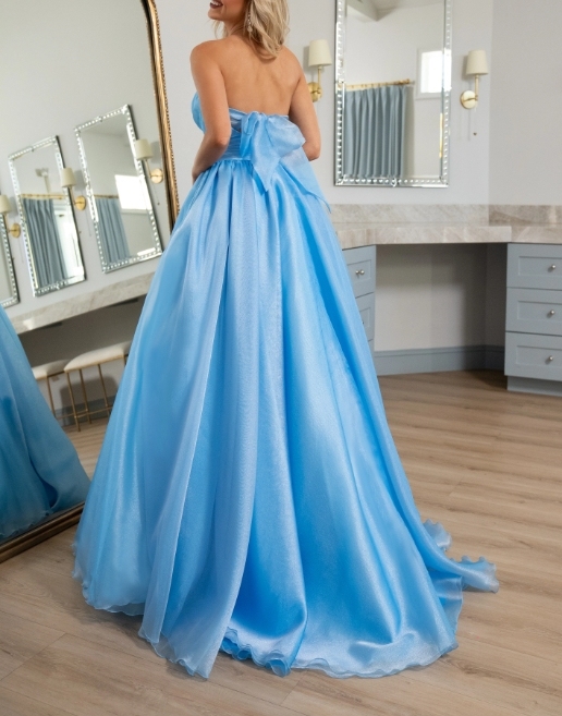 Sky Blue A-Line Off-the-Shoulder With Attached Train Long Formal Prom Dress