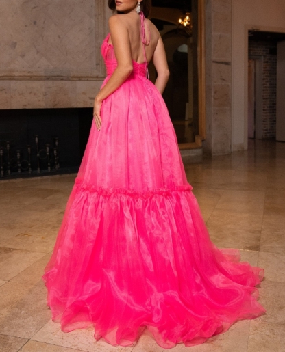 Hot Pink Spaghetti Strap Neck Hanging Style With Attached Train Prom Dress