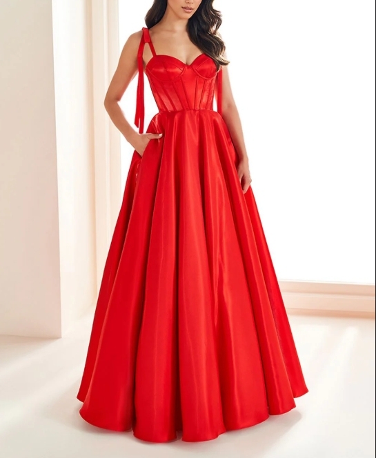 Red Back Strap Style Flat Long Formal Prom Dress