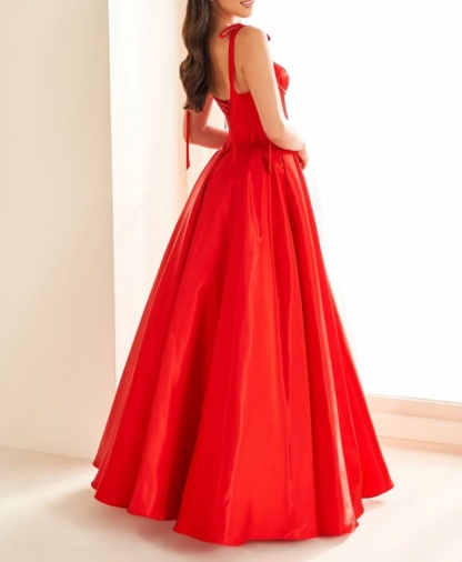 Red Back Strap Style Flat Long Formal Prom Dress