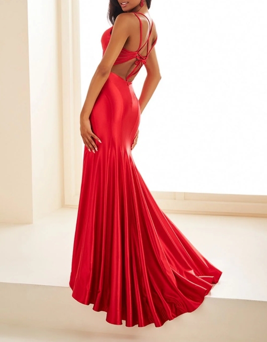 Exquisite Red Long Lace Up Back Tail Style Front Fork Formal Prom Dress