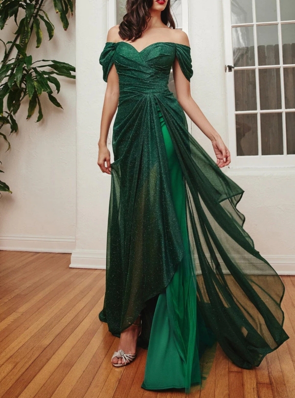 Emerald A-Line Off the Shoulder Front Fold Long Formal Prom Dress