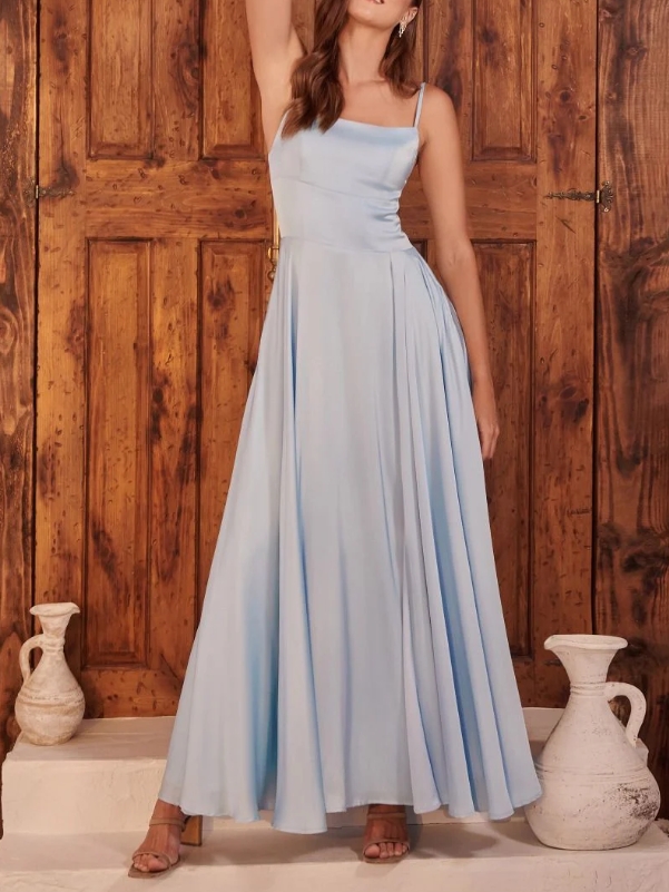 Simple Light Blue Spaghetti Strap Long Prom Dress