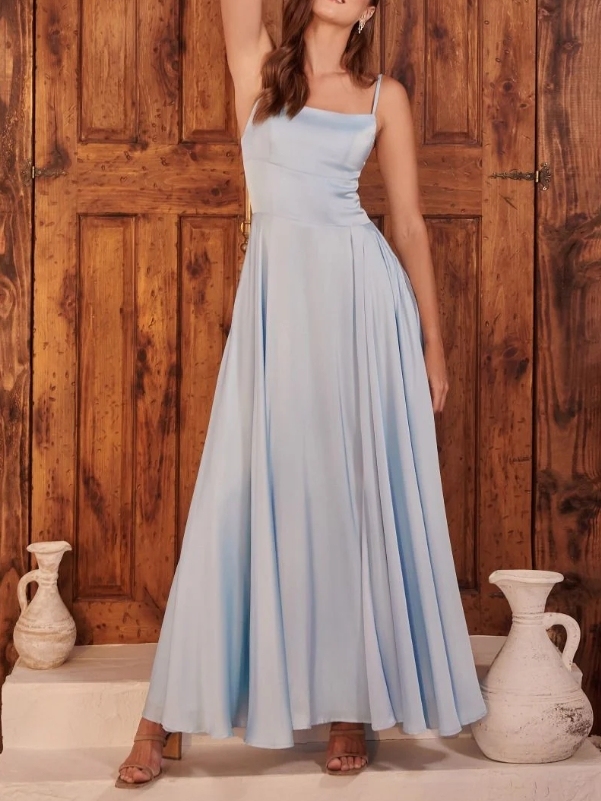 Simple Light Blue Spaghetti Strap Long Prom Dress
