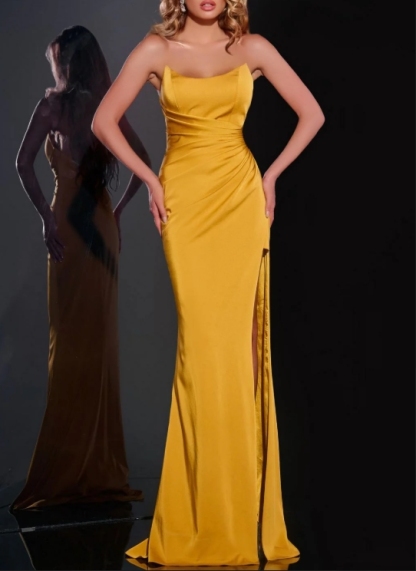 Mustard A-Line Off the Shoulder Long Front Split Formal Prom Dress