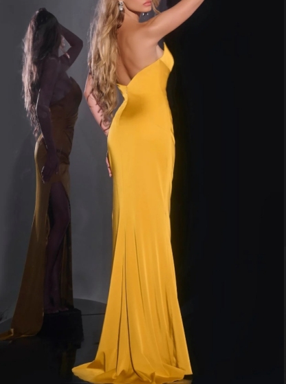 Mustard A-Line Off the Shoulder Long Front Split Formal Prom Dress