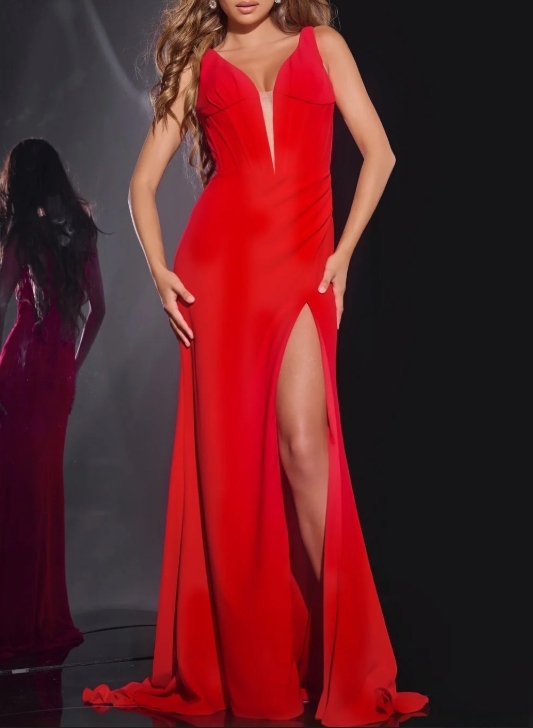 Red Plume V Long Front Split Mopping The Floor Formal Prom Dress