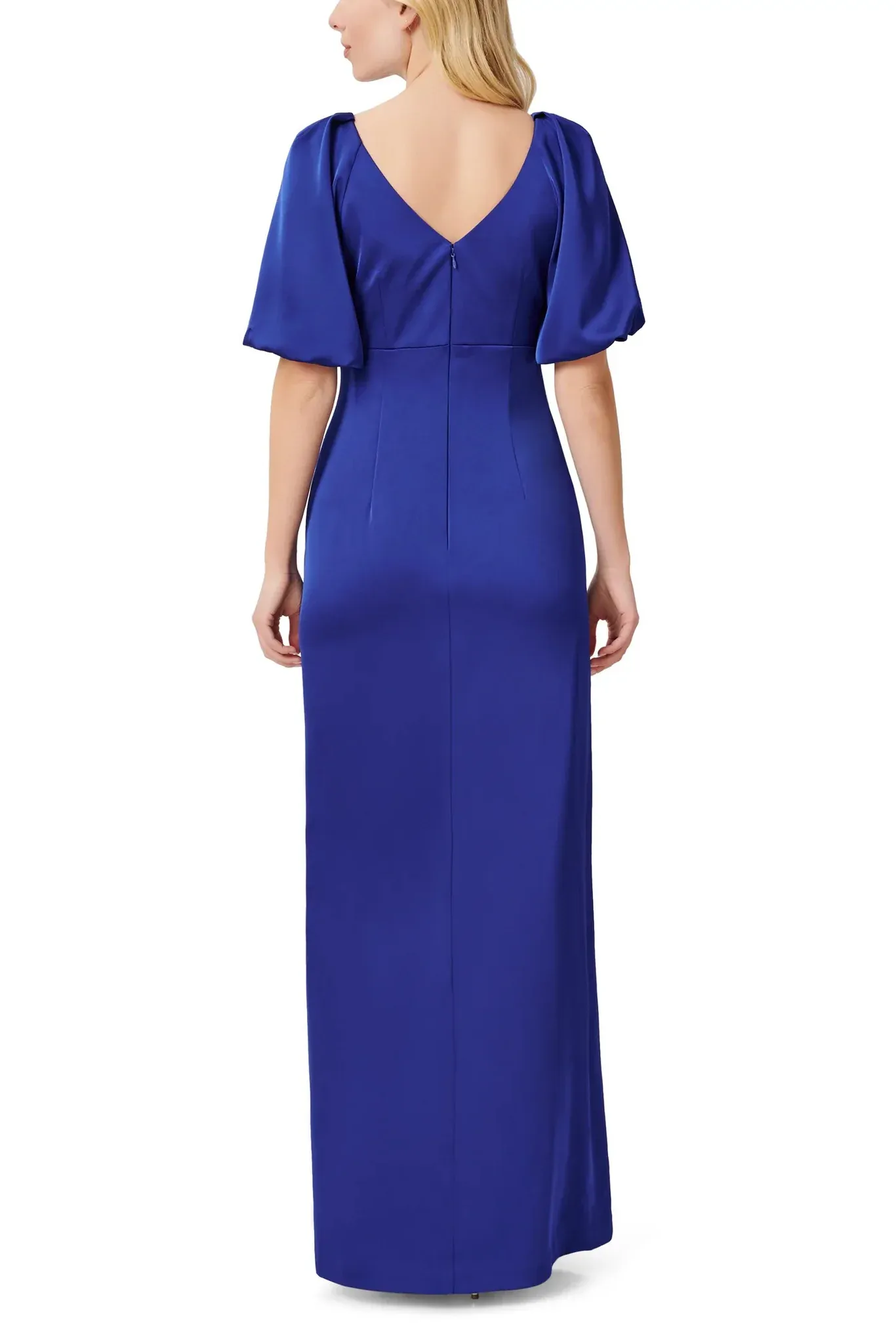 V- Neck Back Zipper Pleated Shoulders Short Sleeves Front Slit Opening Long Satin Dress