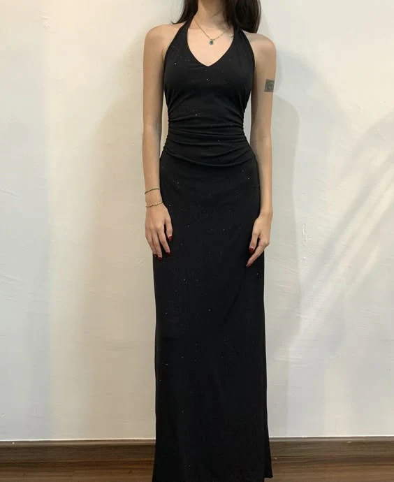 Halter Black Long Prom Dress Vintage Evening Dress
