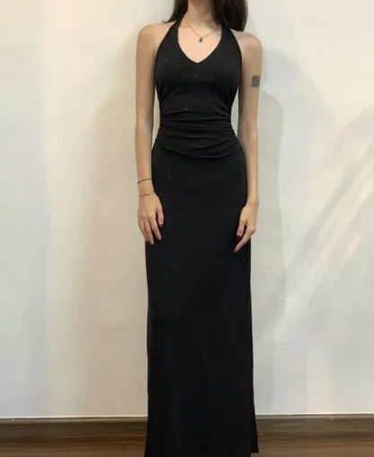 Halter Black Long Prom Dress Vintage Evening Dress