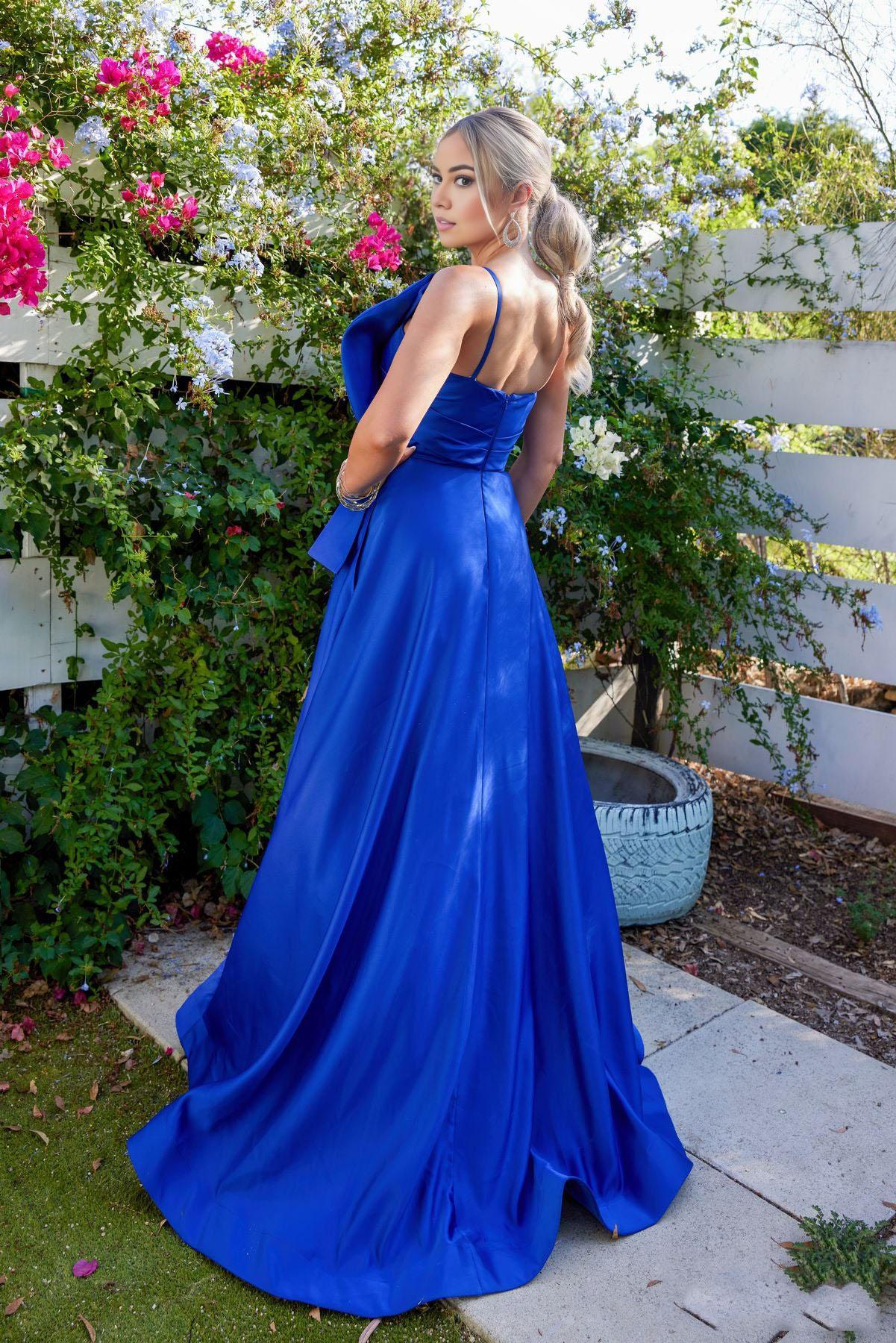 Cobalt One Shooter Long Tailored Formal Proml Dress with Decoration on the Front Side