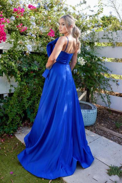 Cobalt One Shooter Long Tailored Formal Proml Dress with Decoration on the Front Side