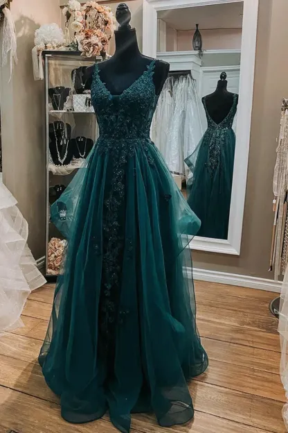 V Neck Dark Green Lace Long Prom Dresses A Line Tulle Evening Dresses