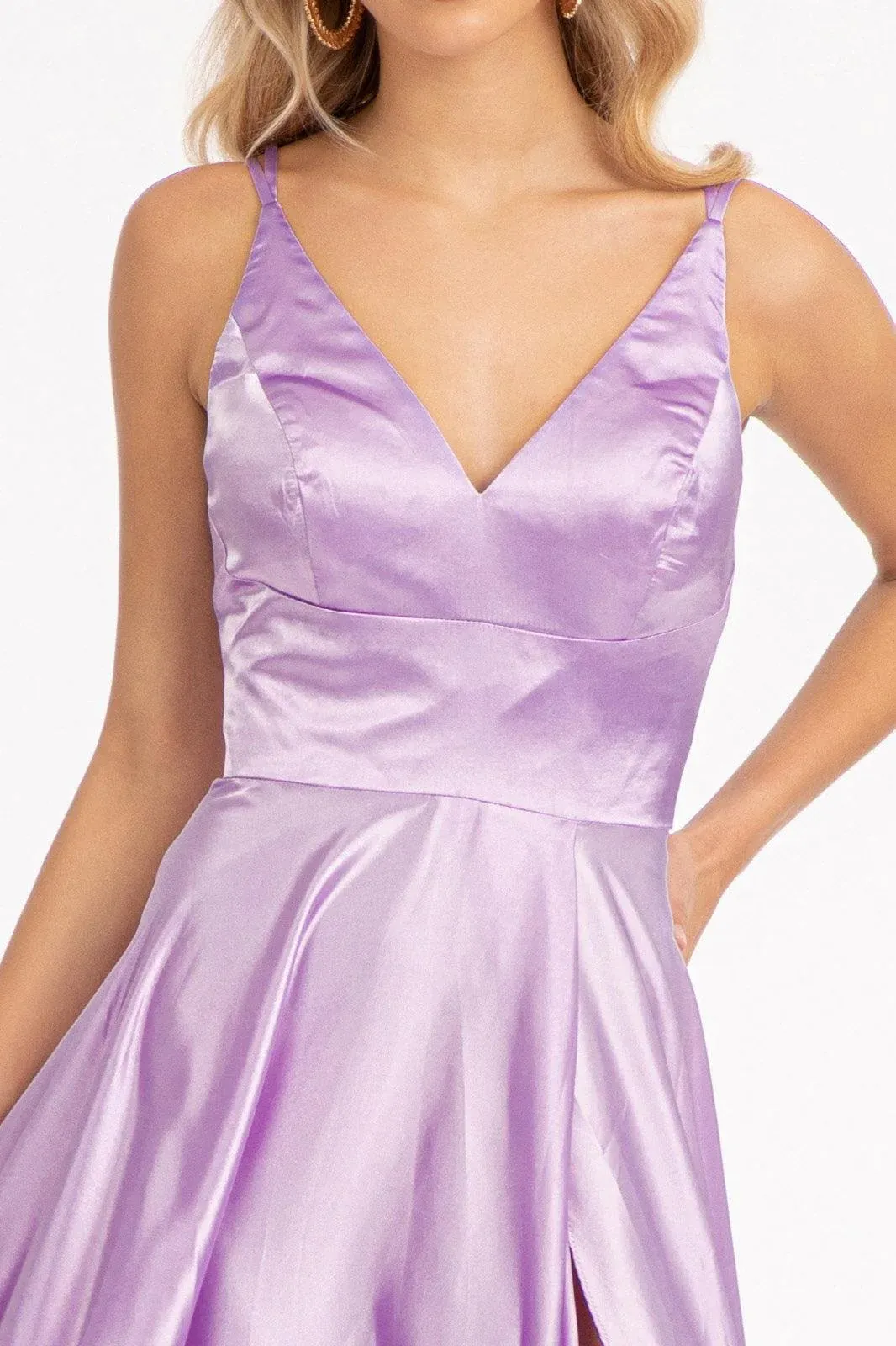 Lilac Spaghetti Strap formal Prom gown with front slit in place