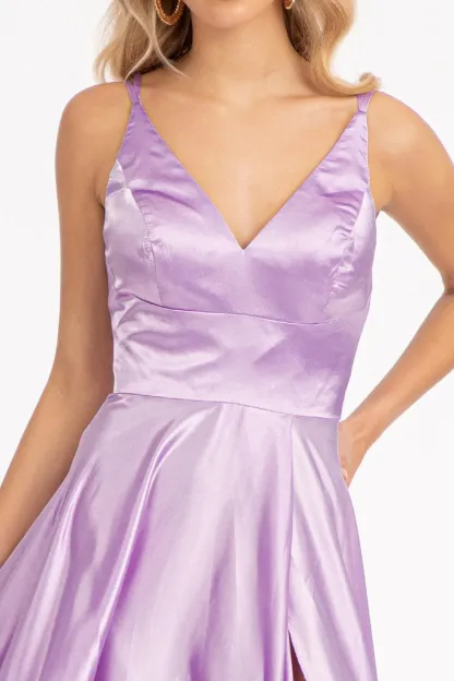 Lilac Spaghetti Strap formal Prom gown with front slit in place