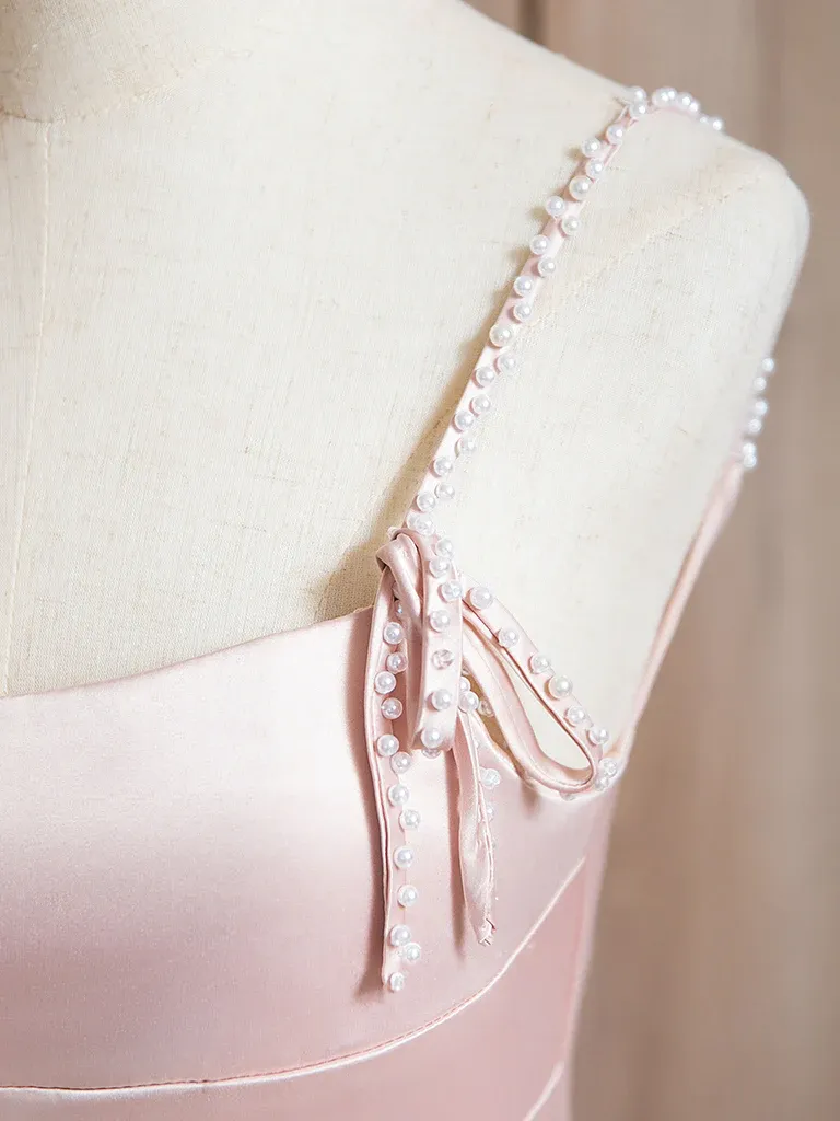 A-Line Satin Pink Long Prom Dress Pink Long Formal Dress